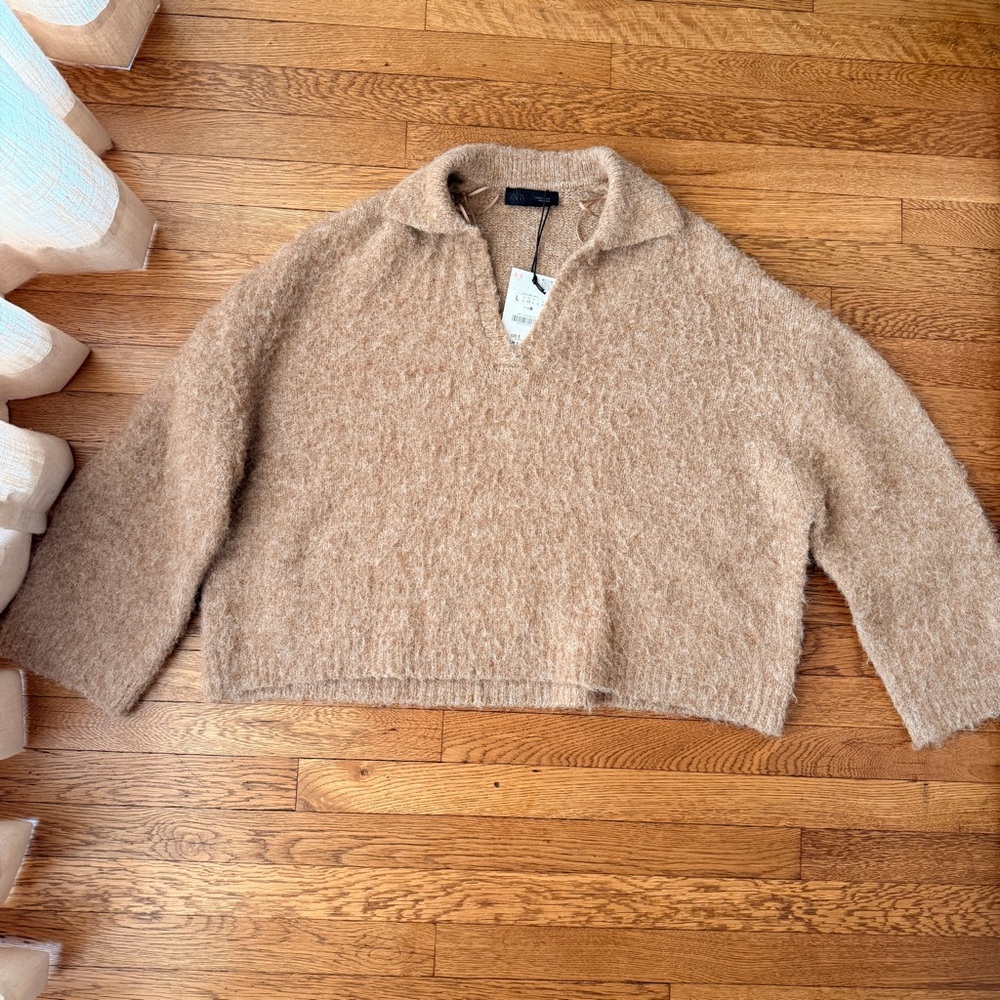 ZARA Cozy Collared Fuzzy Sweater - Beige